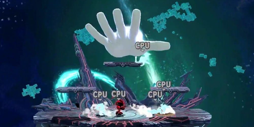 Master Hand fighting puppets in Super Smash Bros. Ultimate