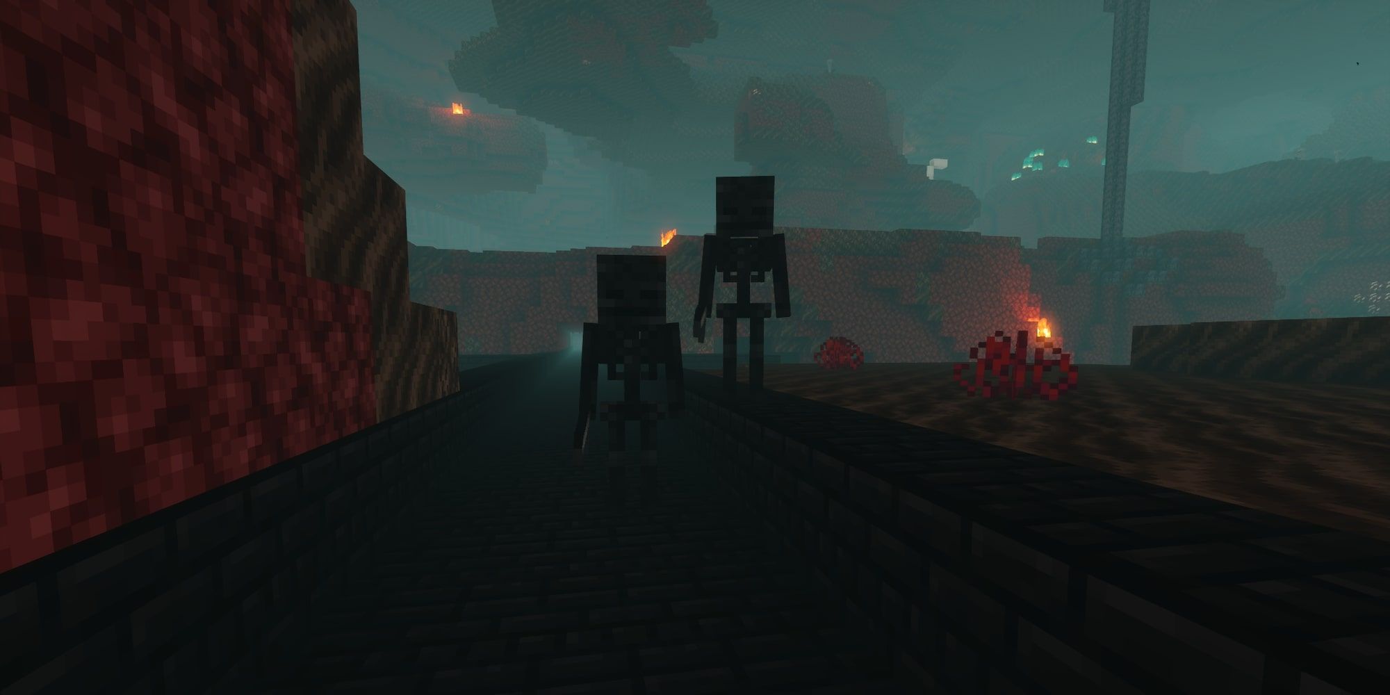 Two Wither Skeletons in a Nether Fortress