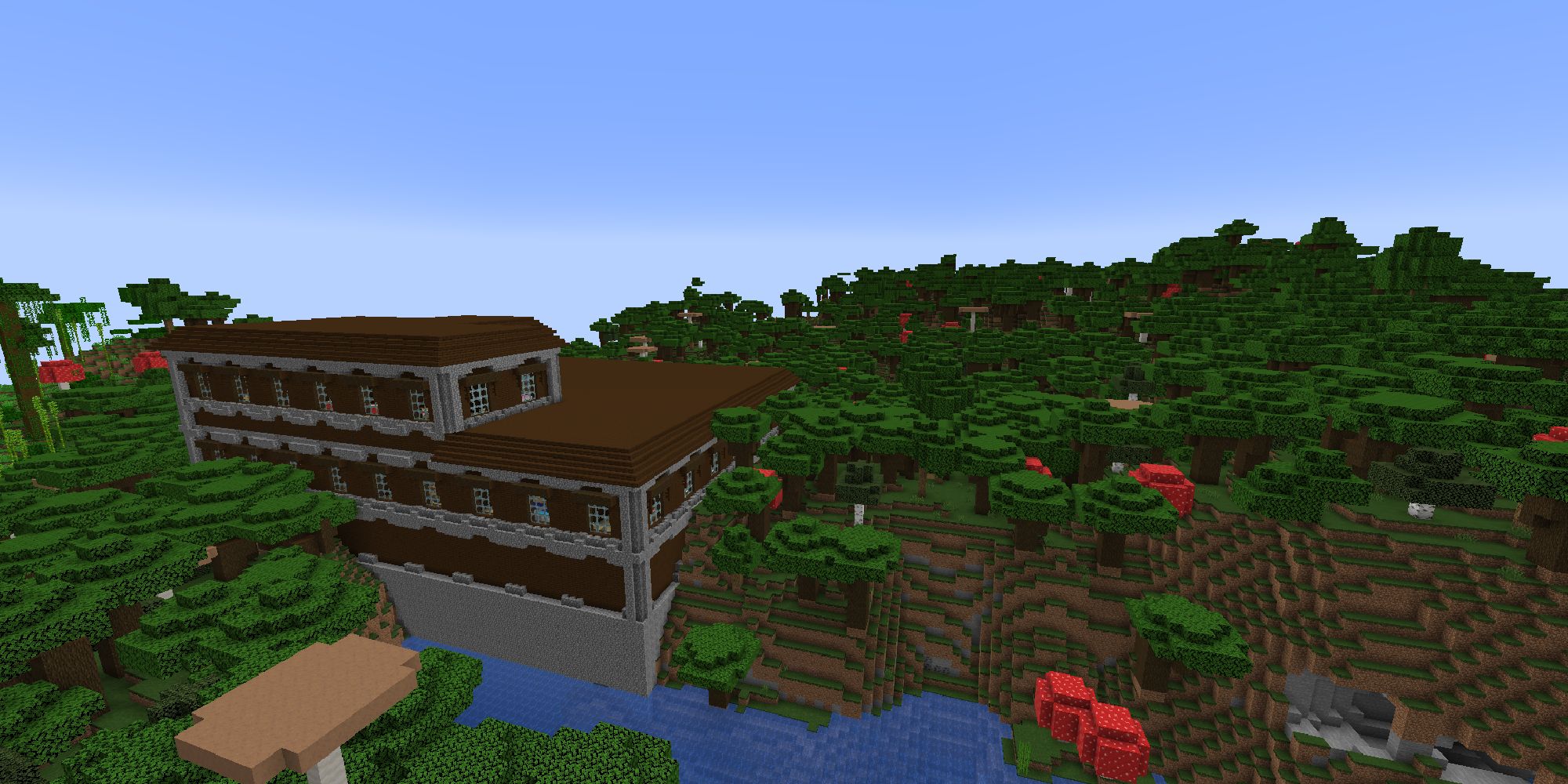 woodland mansion in dark forest biome of minecraft from above 
