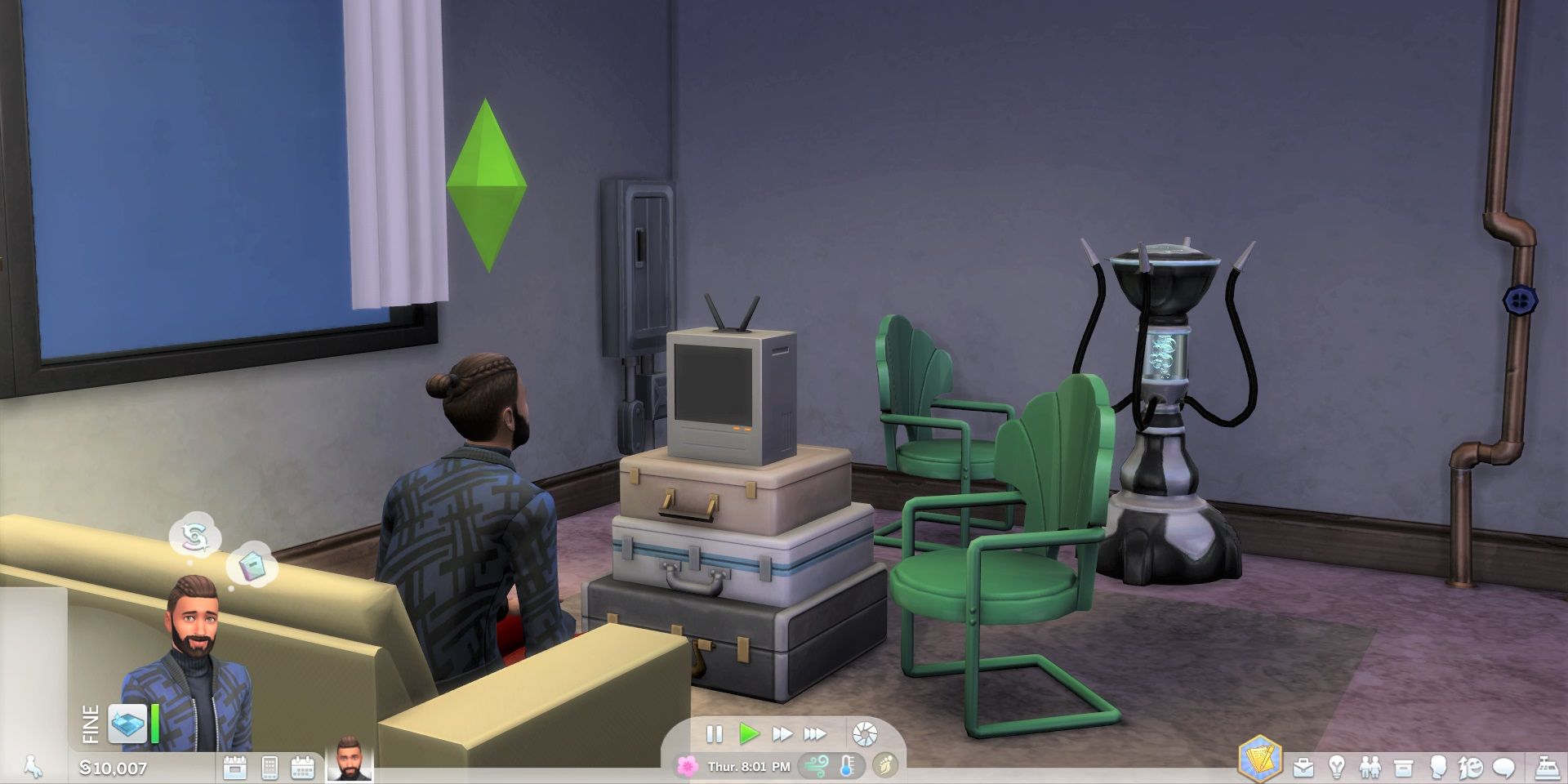 Salim Benali watches TV (even though the screen is still black) in his San Myshuno apartment
