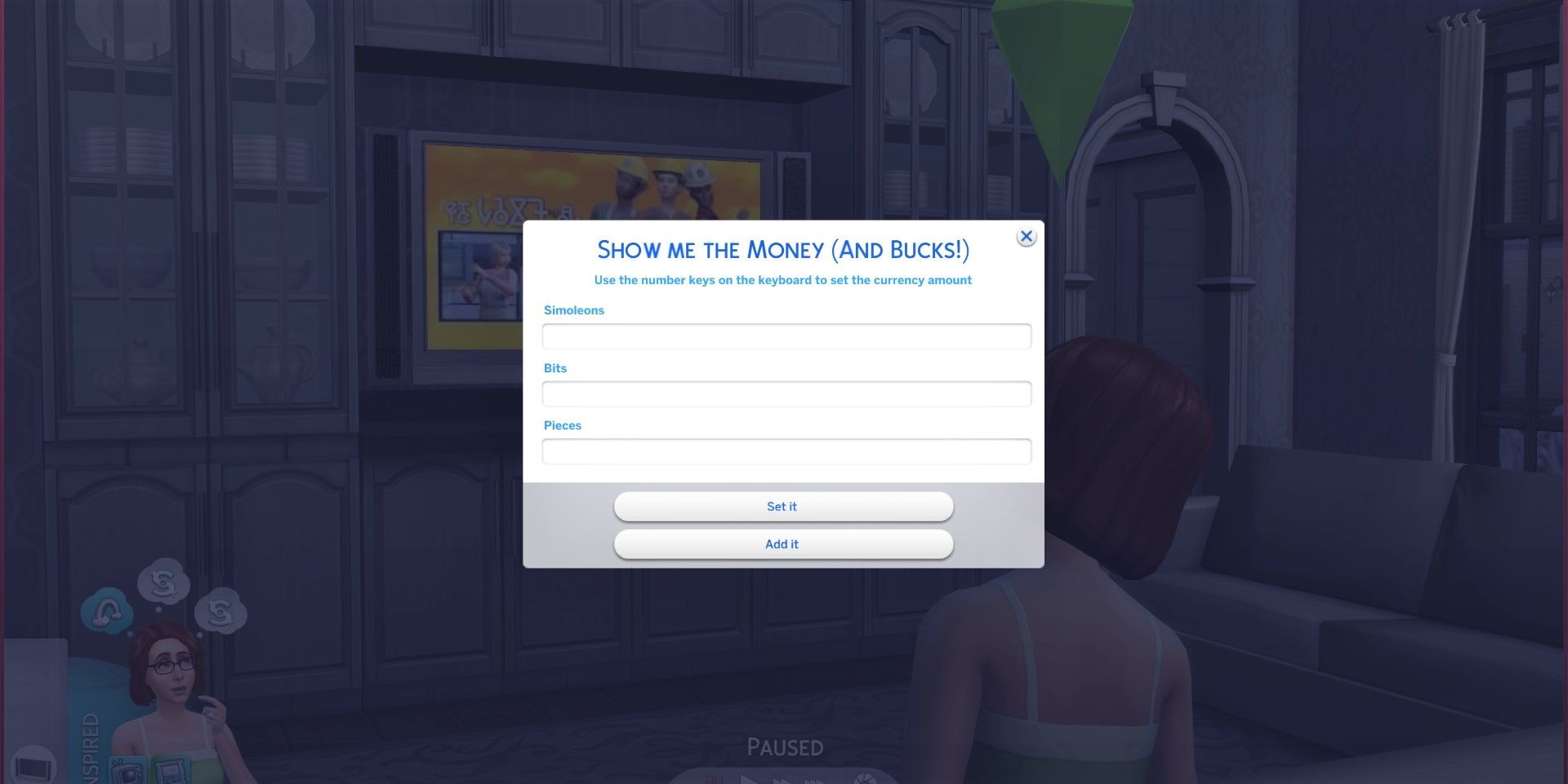 In the foreground, the UI Cheats Extension Menu allows the player to add or set money, bits, and pieces. In the background, Eliza Pancakes watches TV.