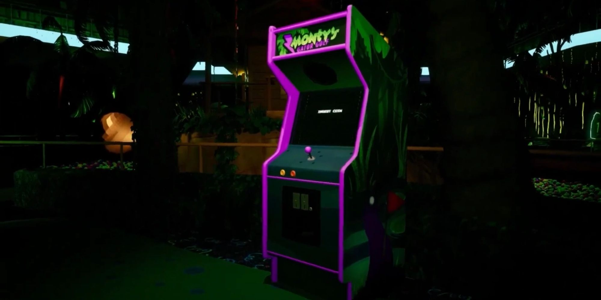 A green and purple arcade machine in the middle of Monty's Gator Golf