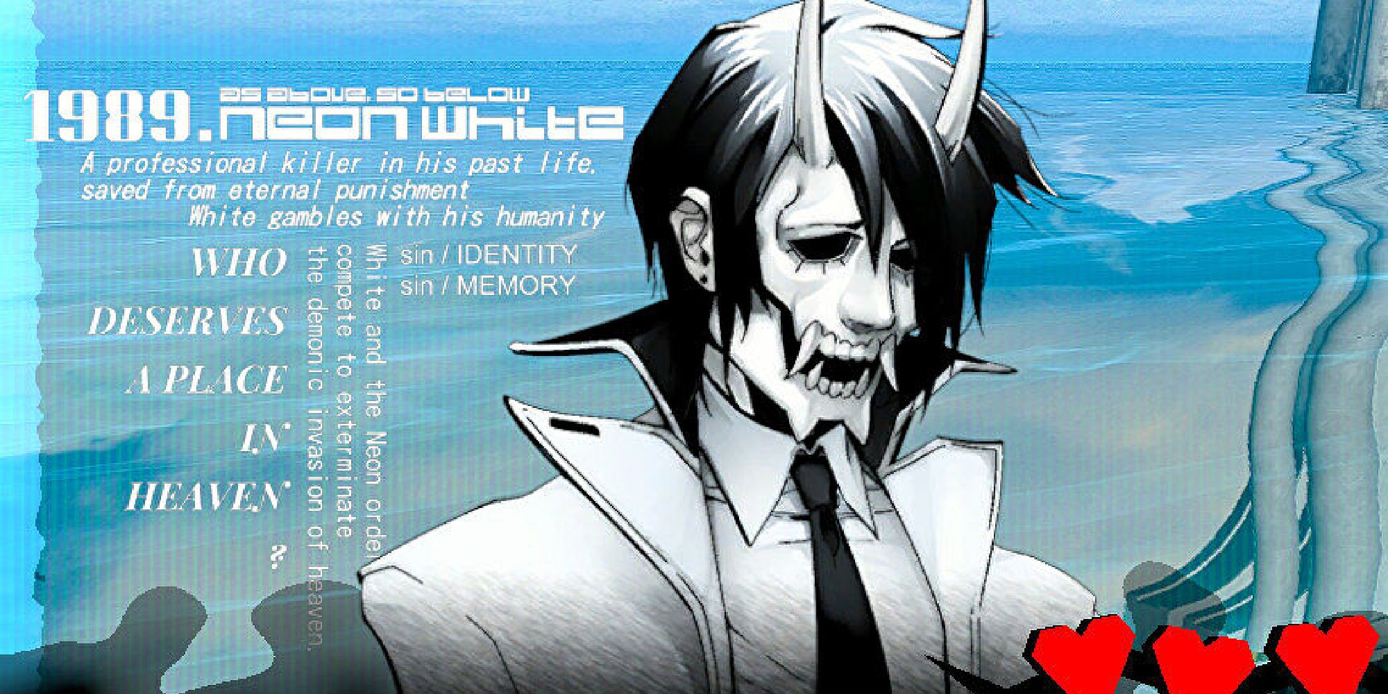 A screenshot of Neon White, showing the game's HUD - with displays a portrait of White, his remaining health, and a nearly indecipherable block of text describing his character