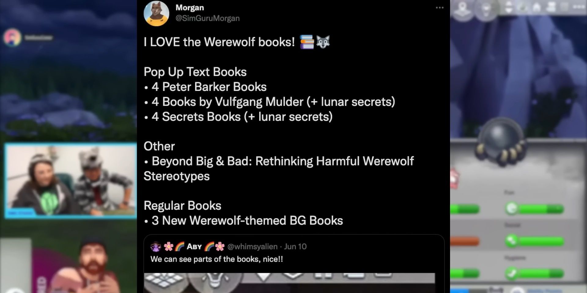 A tweet by SimGuruMorgan overlaying footgage of The Sims 4: Werewolves Livestream