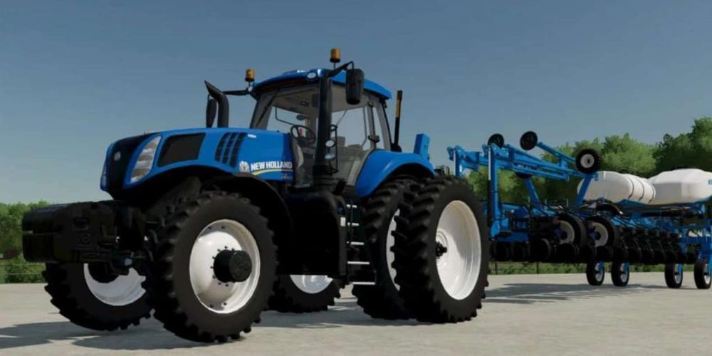 Farming Simulator 22 New Holland T8 Genesis pulling farming equipment with a sprinkle system attached