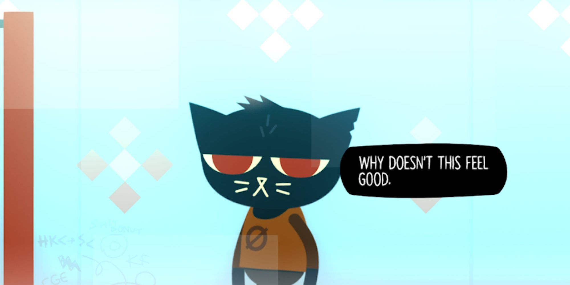 A screenshot of Night In The Woods, showing Mae staring at herself in the mirror and asking why it doesn't feel good