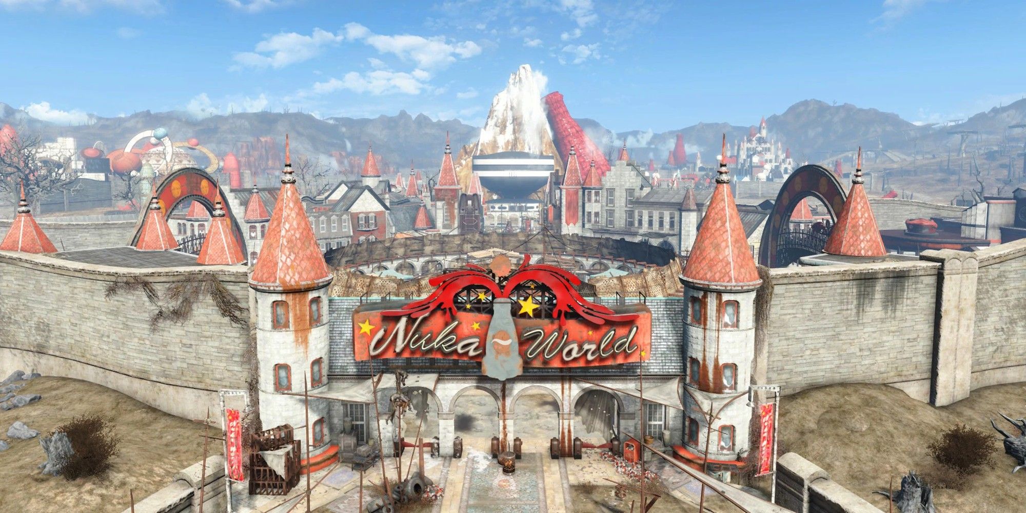 Fallout 4 Nuka World front with the sign showing