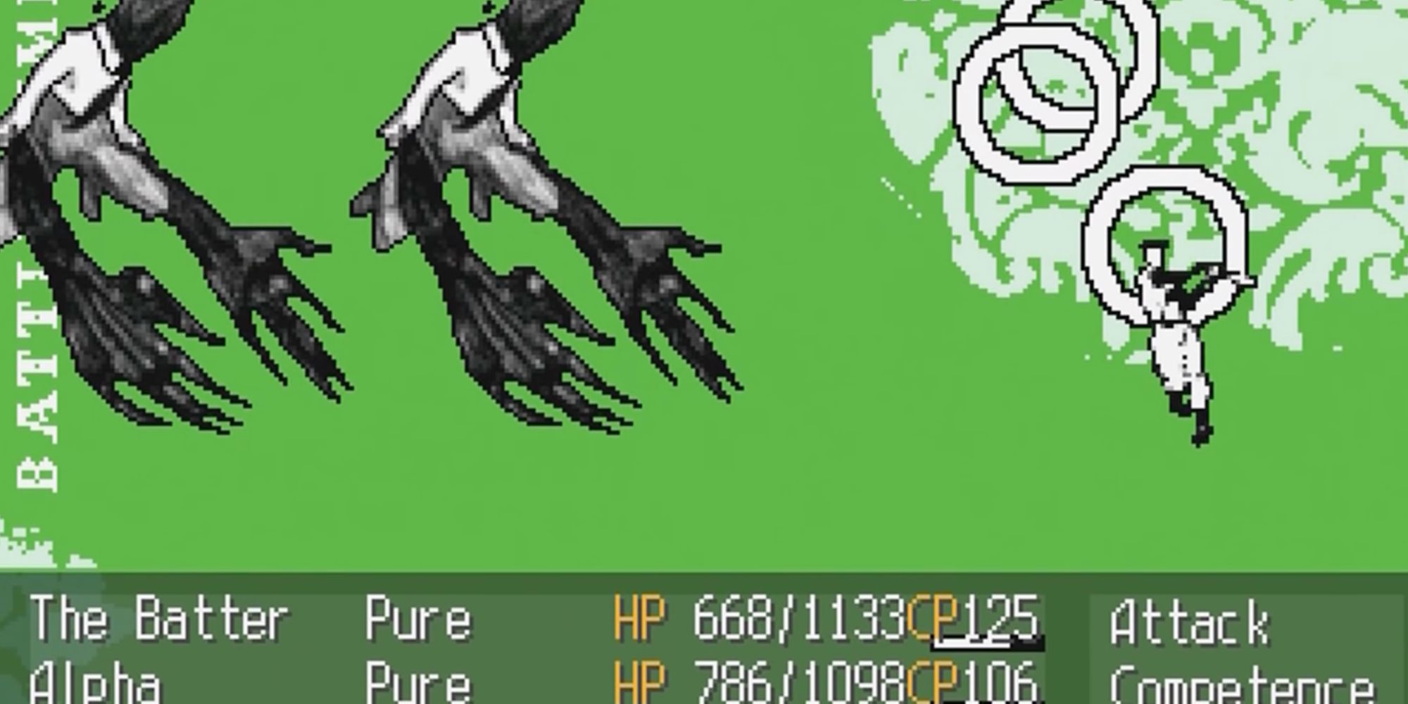 A screenshot of Mortis Ghost's RPG Maker game Off, showing The Batter in battle against strange creatures with giant hands