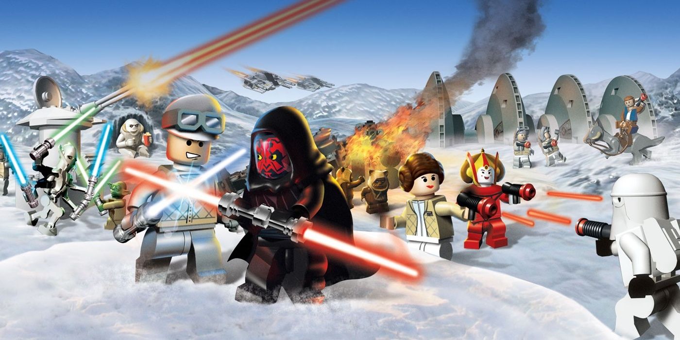 Iconic Star Wars characters fighting enemies with light sabers and laser guns in a snowy area