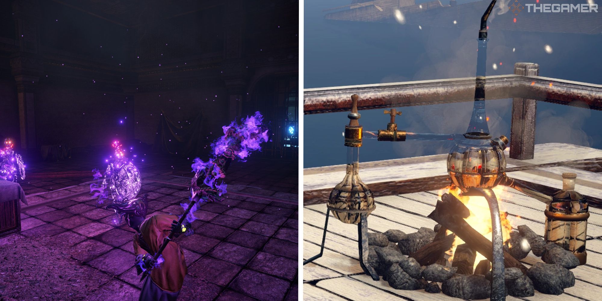 image of player in combat next to image of alchemy kit on campfire
