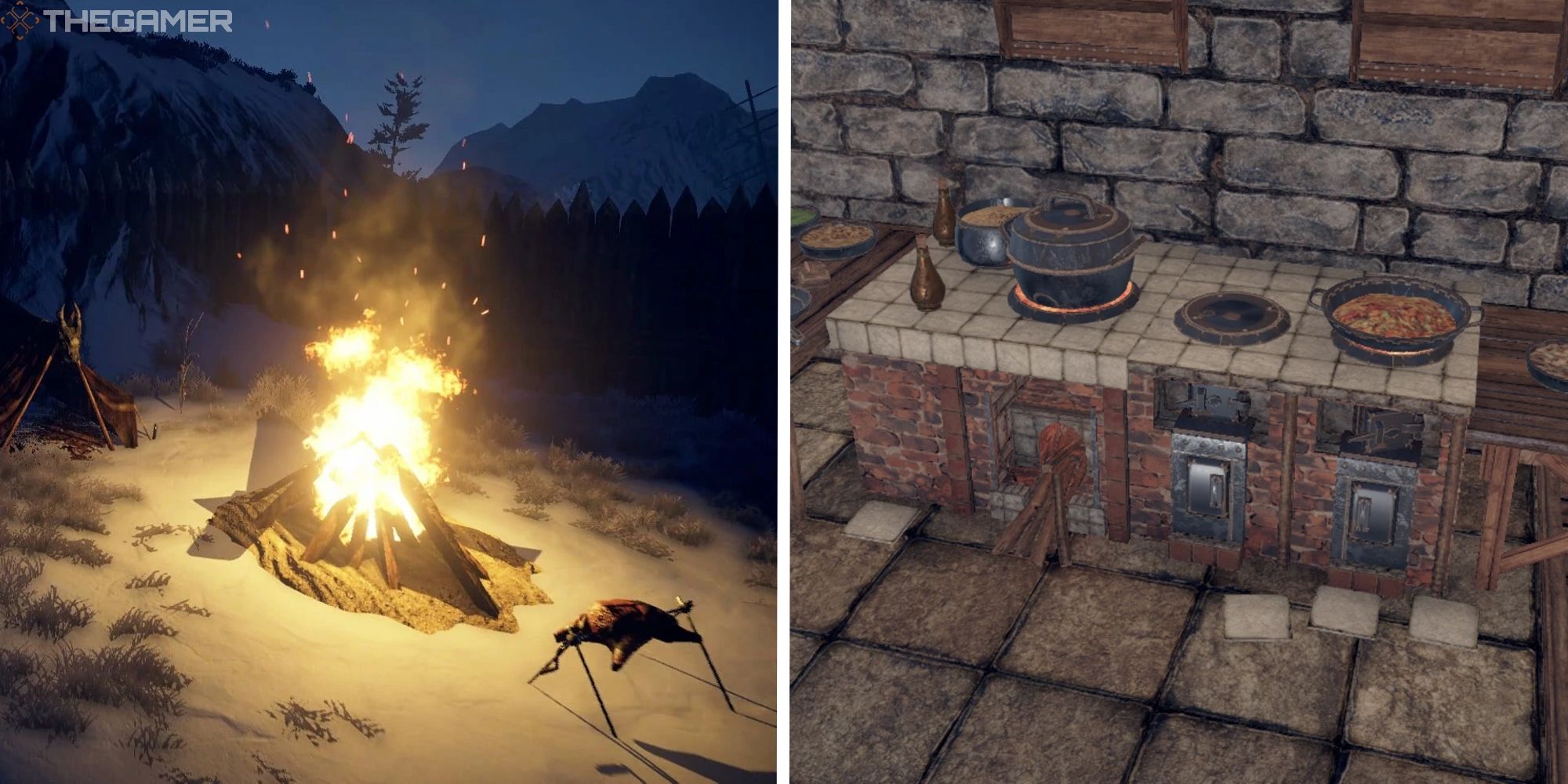 image of campfire next to image of kitchen