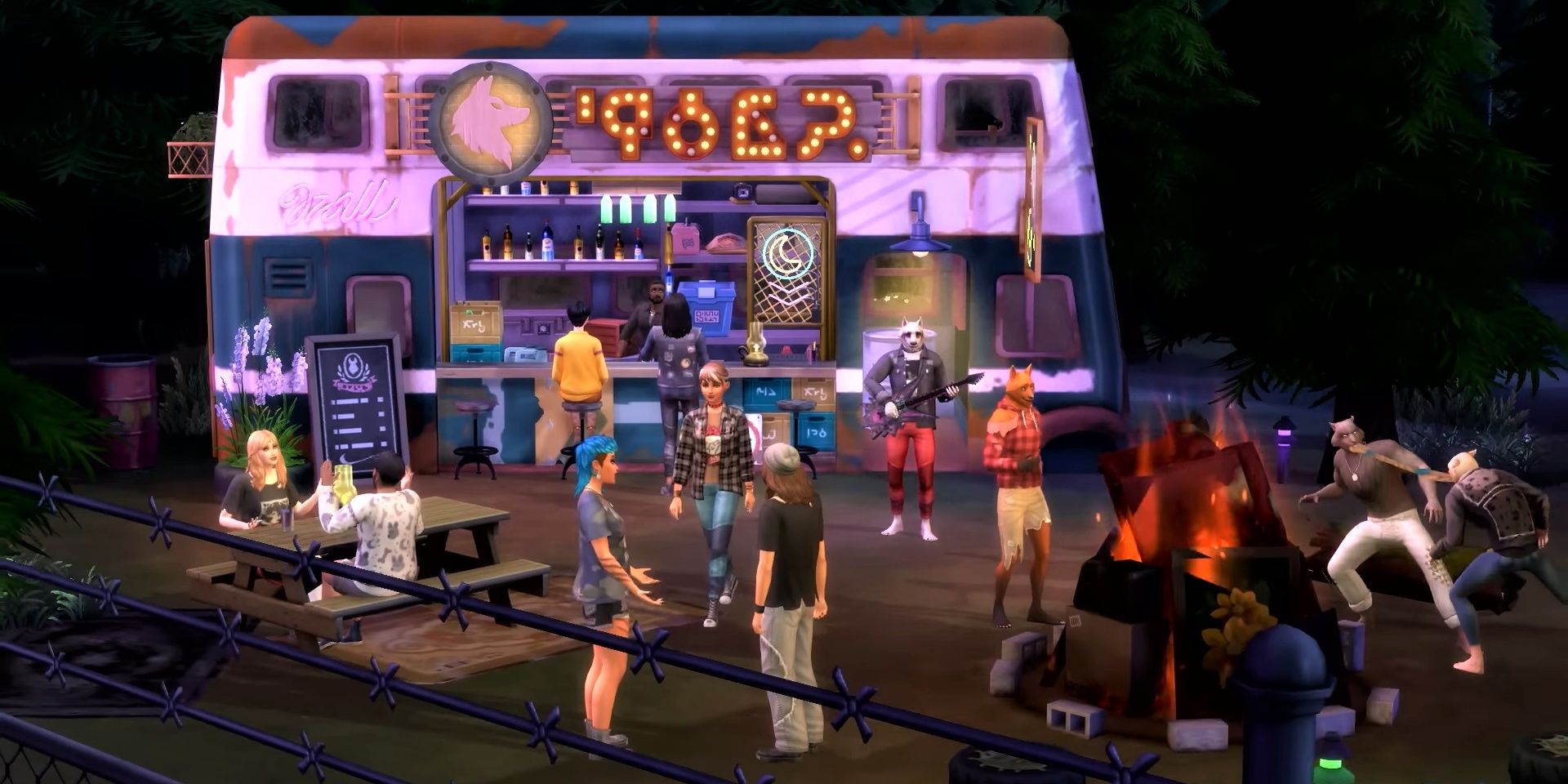 Moonwood Mill's bus bar is a popular hangout spot, full of werewolves in wolf and Sim form.