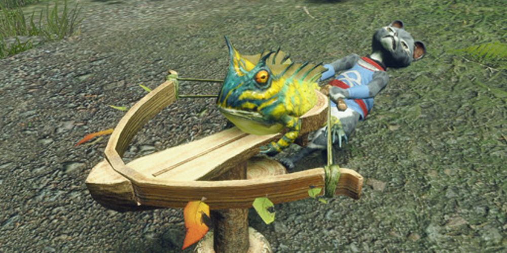 A Palico in Monster Hunter Rise using Endemic Life Barrage with a yellow Paratoad.