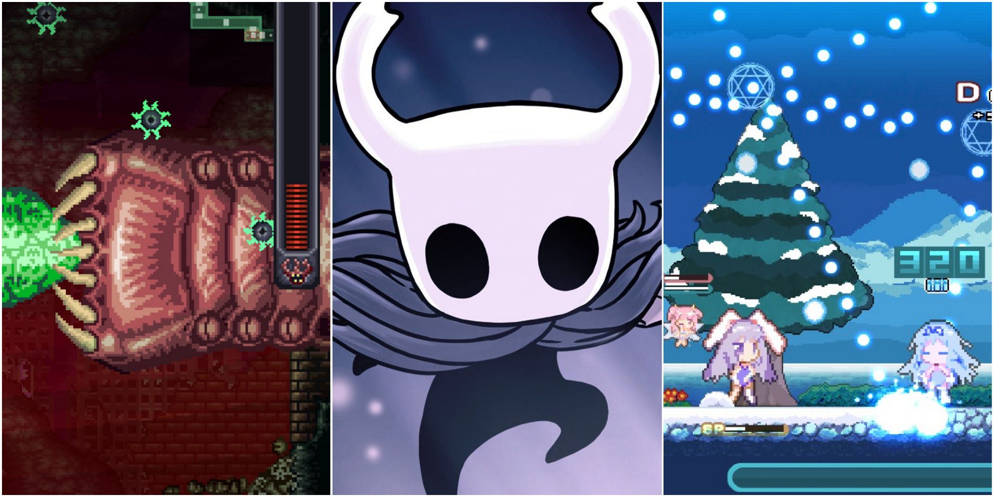 A collage of screenshots from A Robot Named Fight, Hollow Knight, and Rabi-Ribi