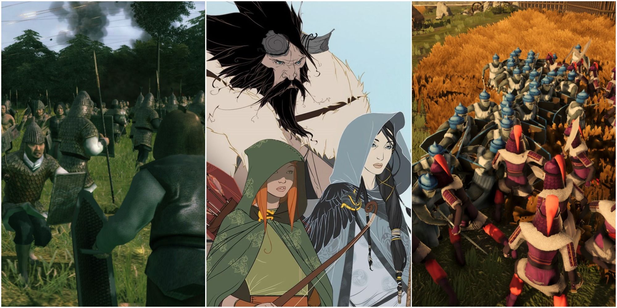 on the left are soldiers from Oriental Empires, in the middle are various characters from The Banner Saga Trilogy and on the right is a battle from Vedelem: The Golden Horde