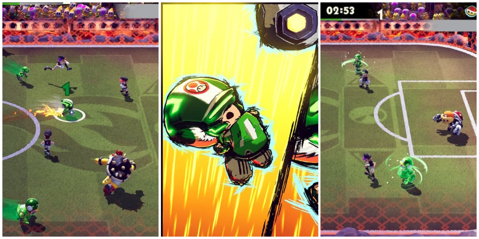 Split feature image featuring screenshots of Toad running through defenders, Toad performing a Hyper Strike, and Boom Boom waiting for a save in goal