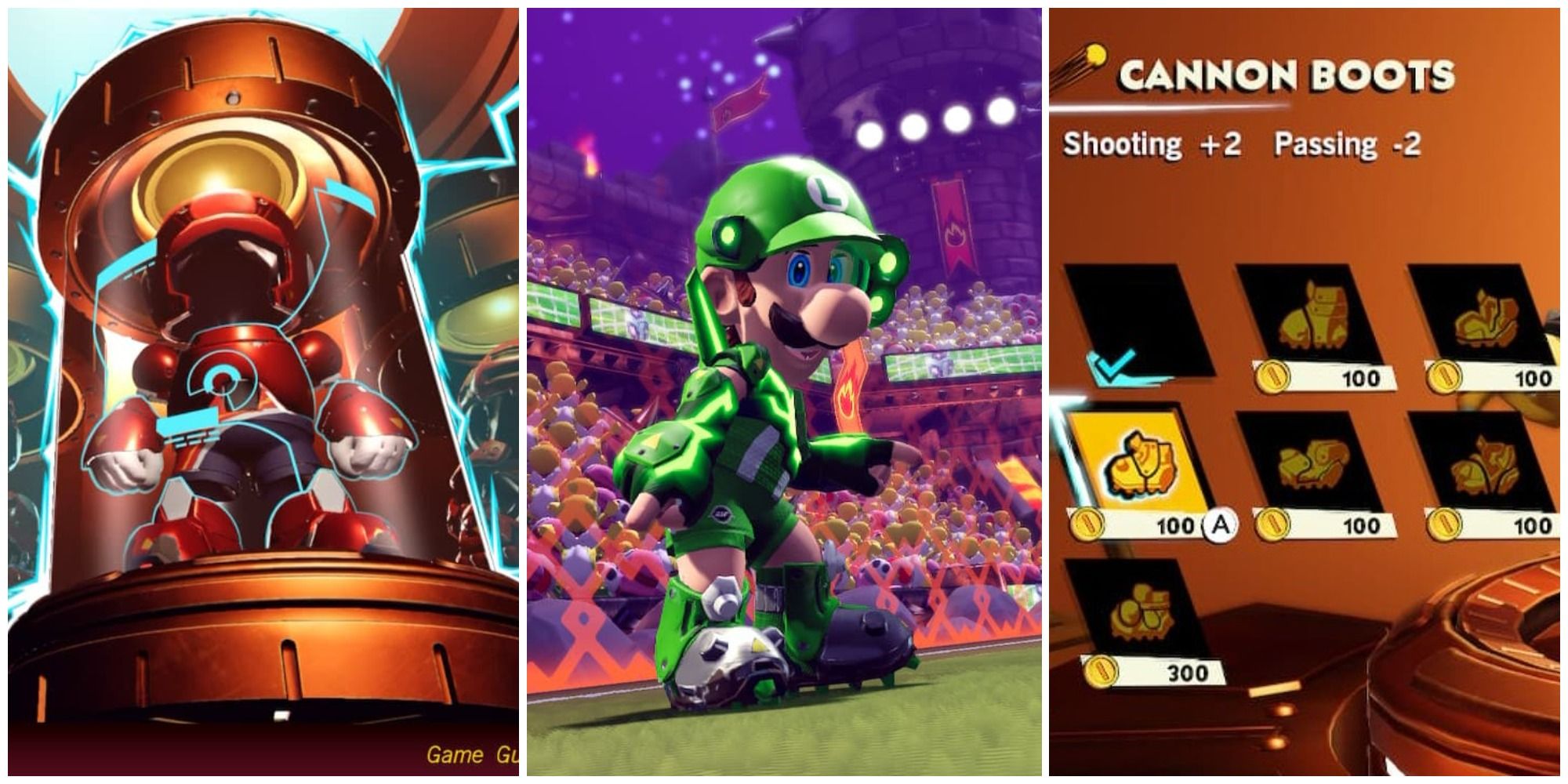Split feature image featuring screenshots of a gear set on the main menu, Luigi celebrating a goal while wearing gear, and the boot selection screen