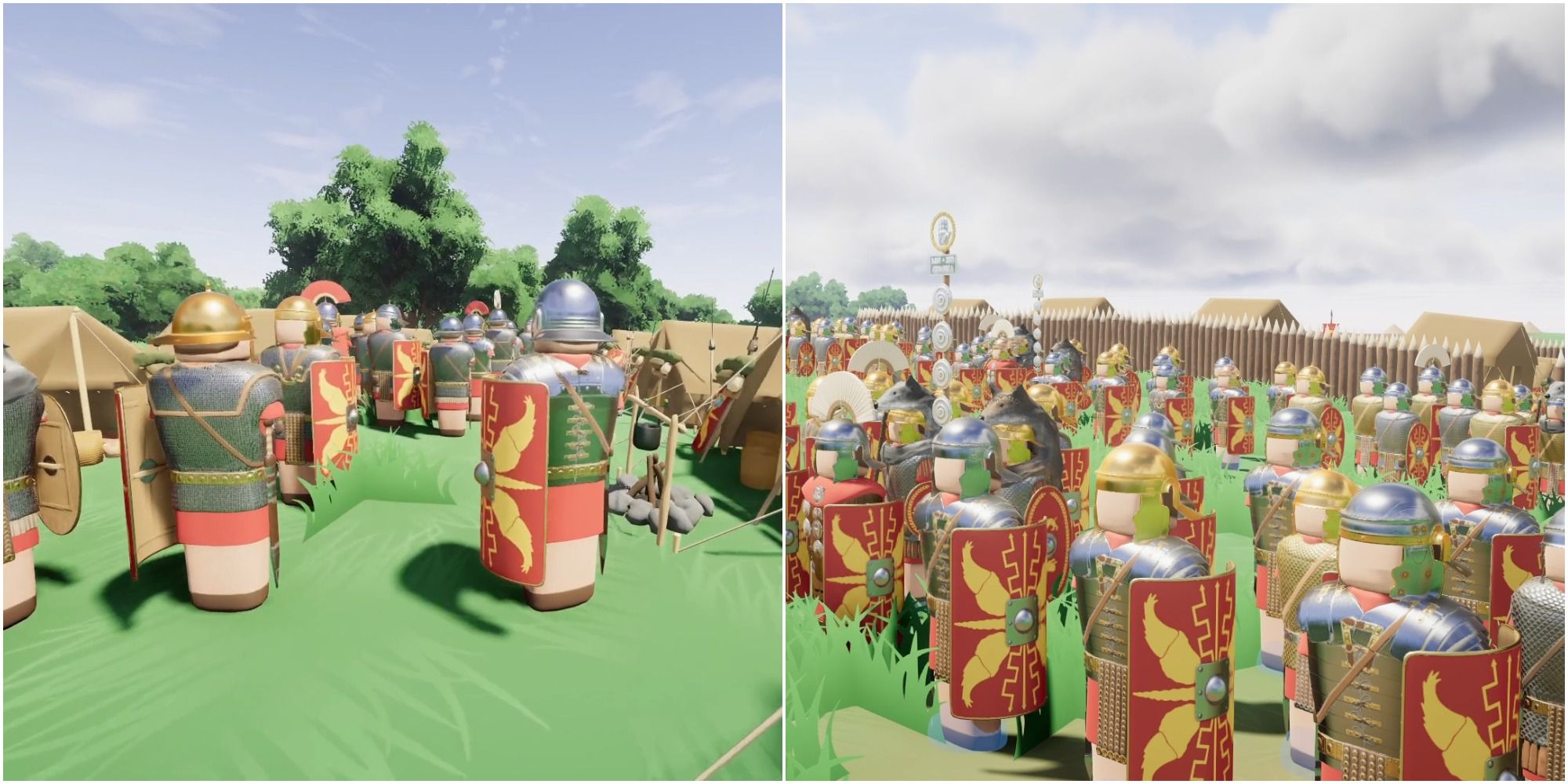 Warlord: Britannia collage of Romans inside camp and defending the outside of a camp