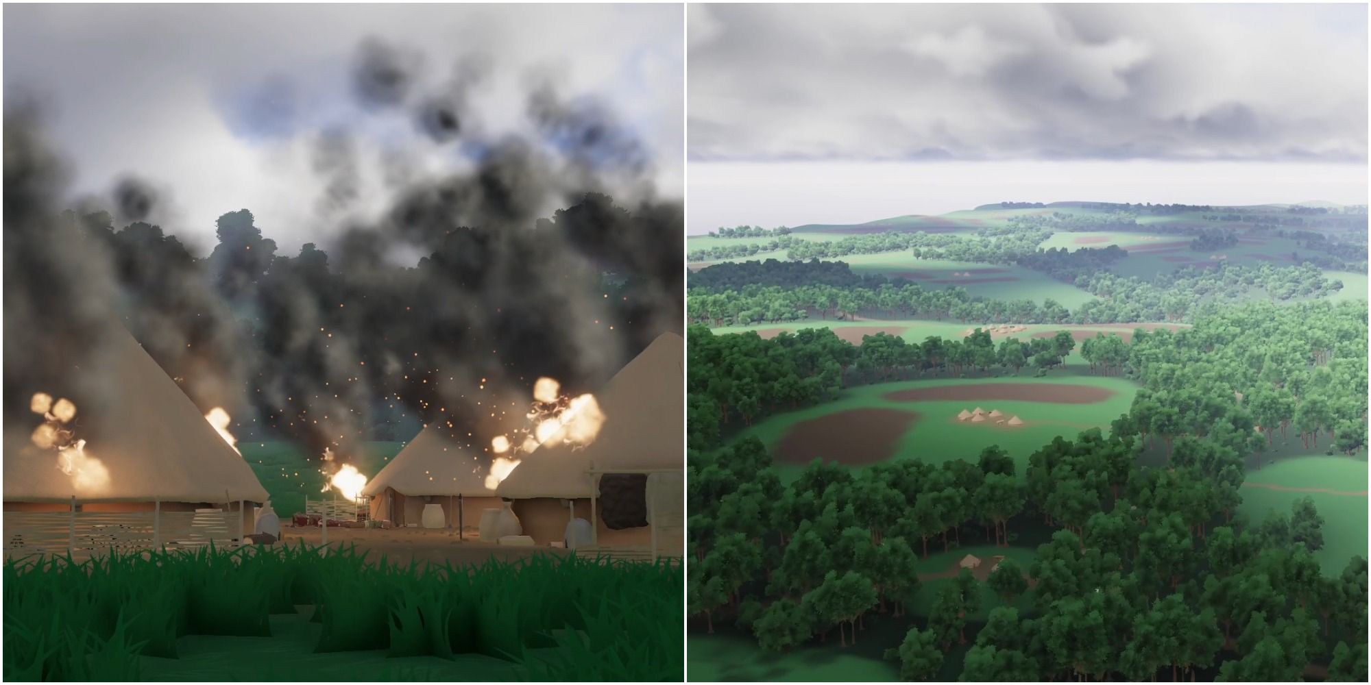 Warlord: Britannia- collage of burning village and a rolling country side