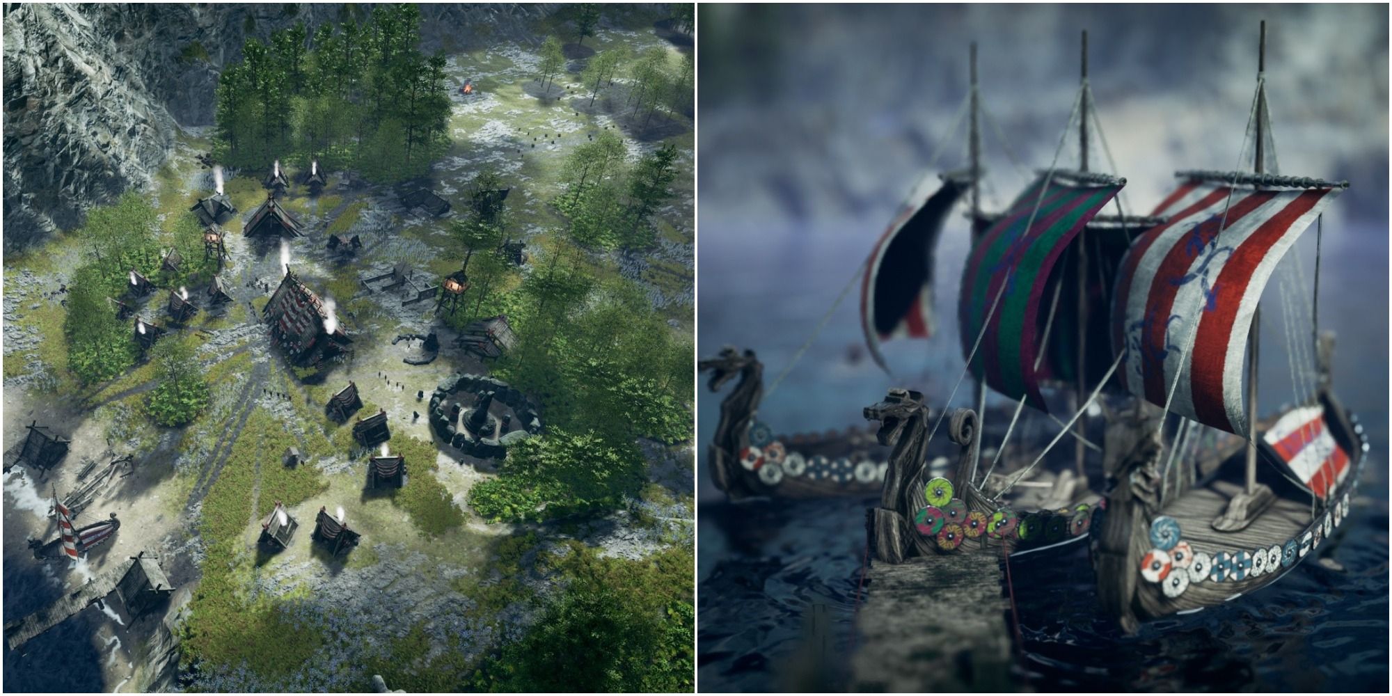 Frozenheim - collage of a forest village and some longboats