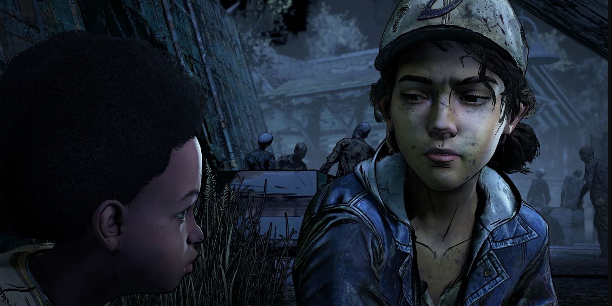 Clementine looks down at AJ while a zombie hoard lurks in the background