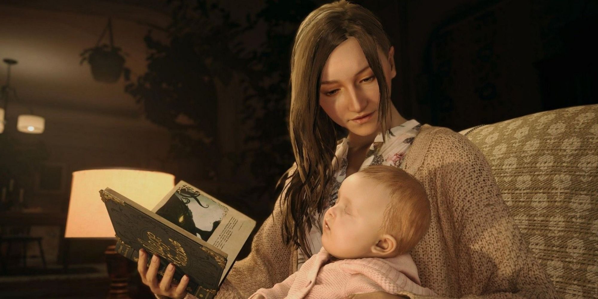 Mia Winters holds a book in one hand and baby Rose in another in a living room