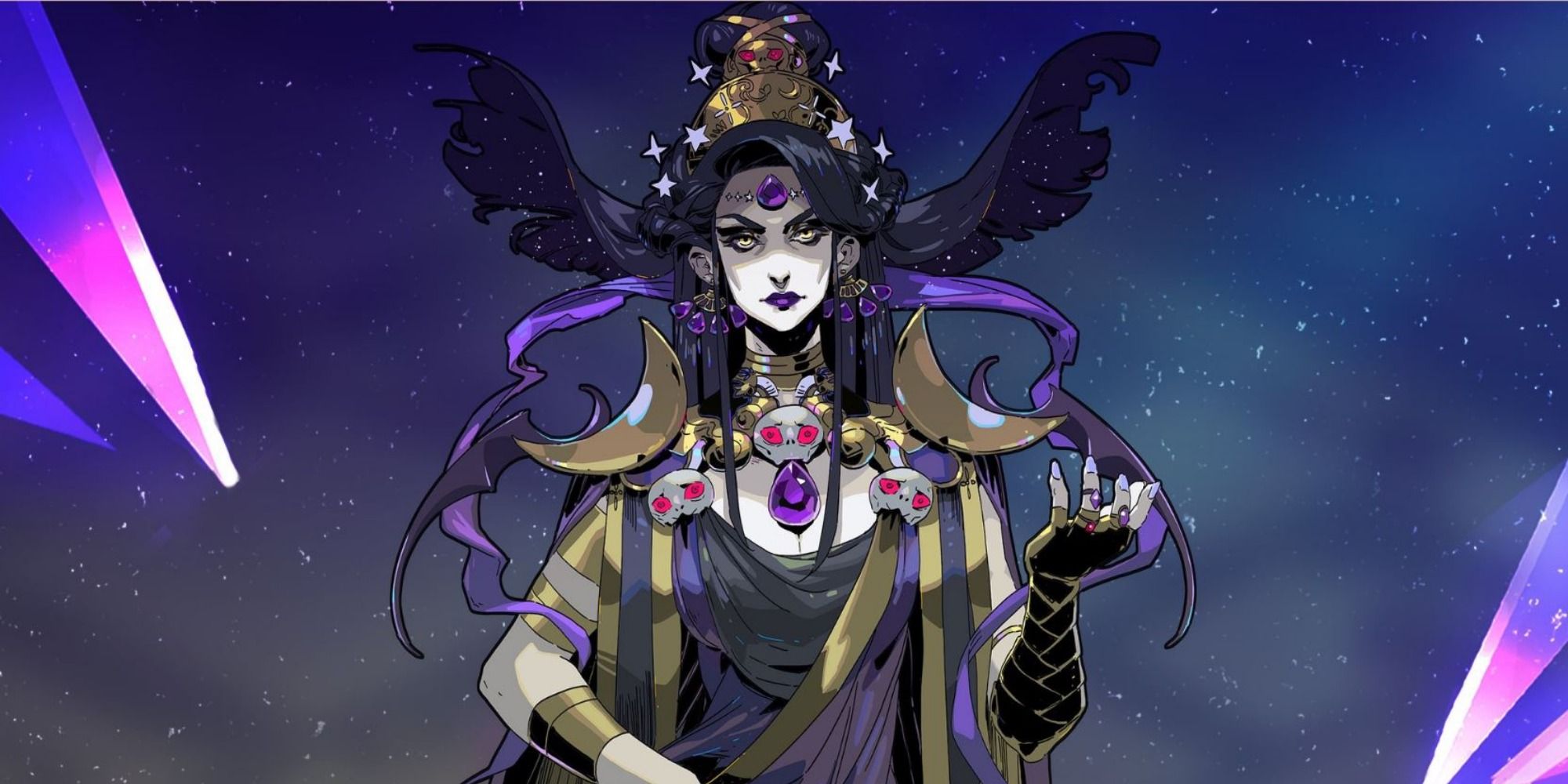 Nyx sits on a background of night sky and purple rays of light