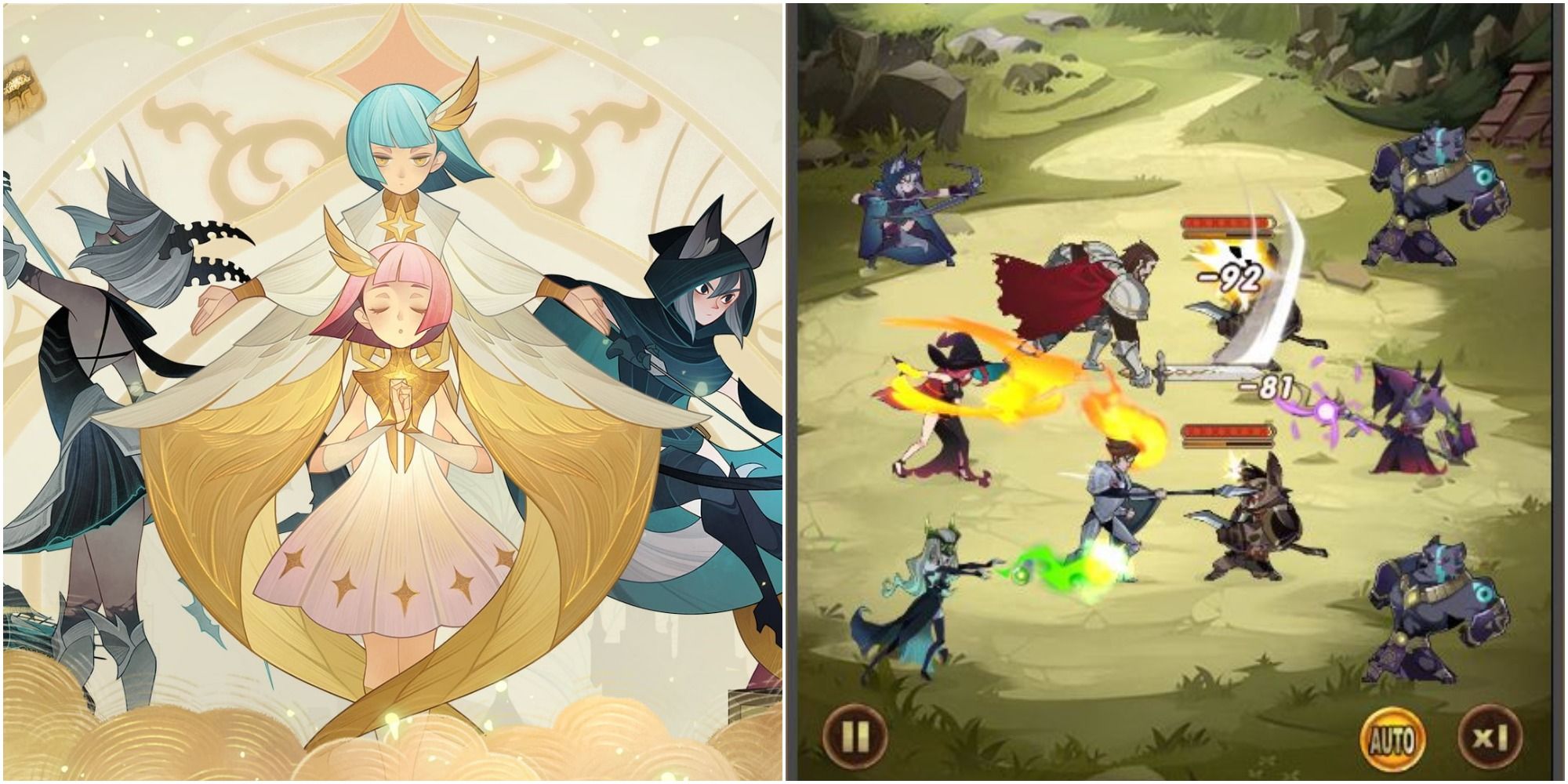 A split image of characters from AFK Arena posing and characters from AFK arena battling on a field