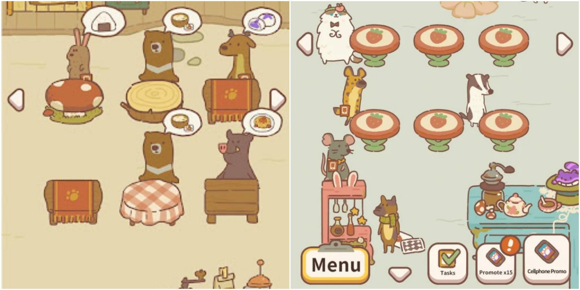 A split image of woodland animals setting at an array of tables, and animals dining at strawberry decorated tables
