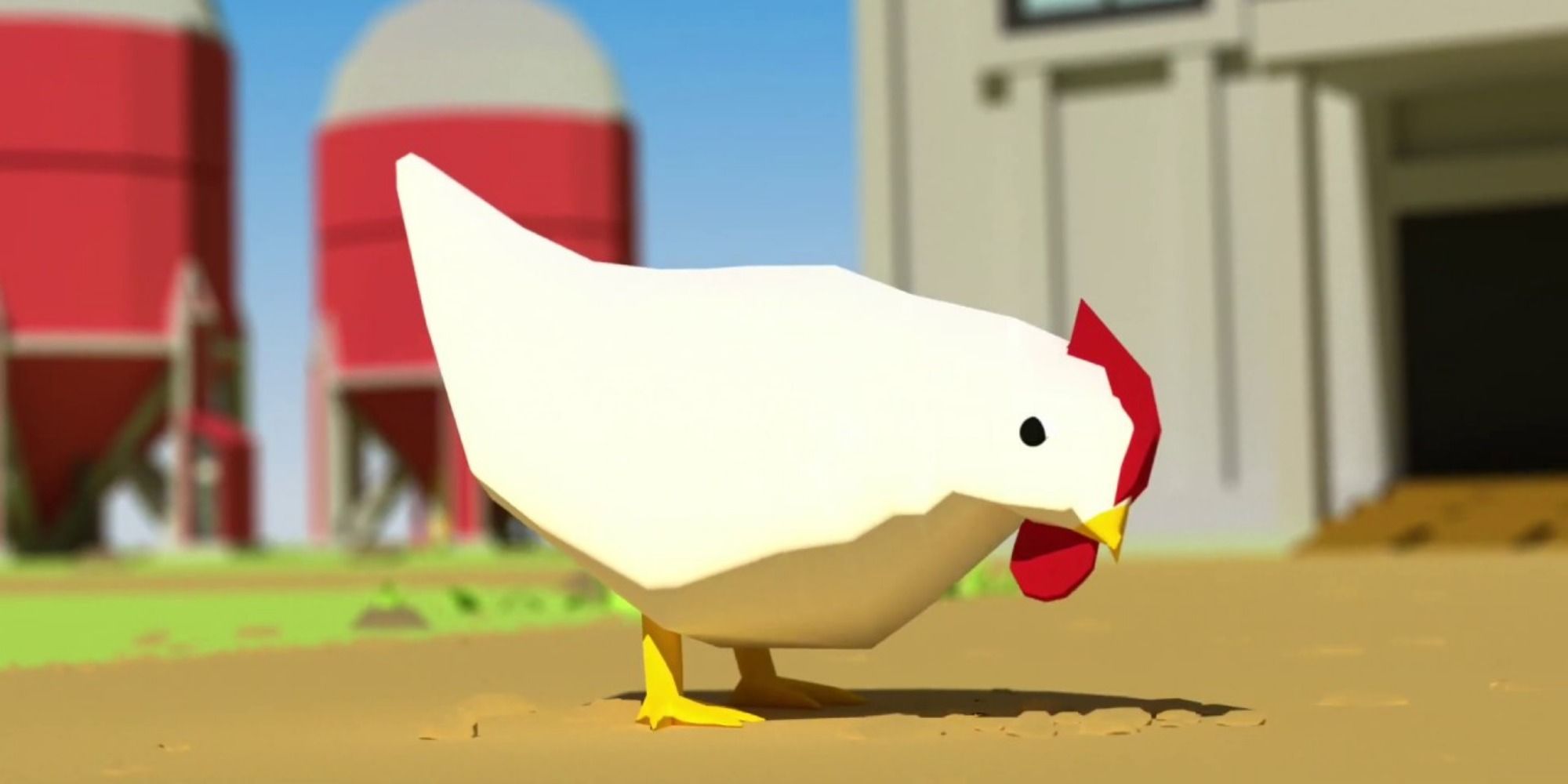 A chicken pecks the grown outside a farm