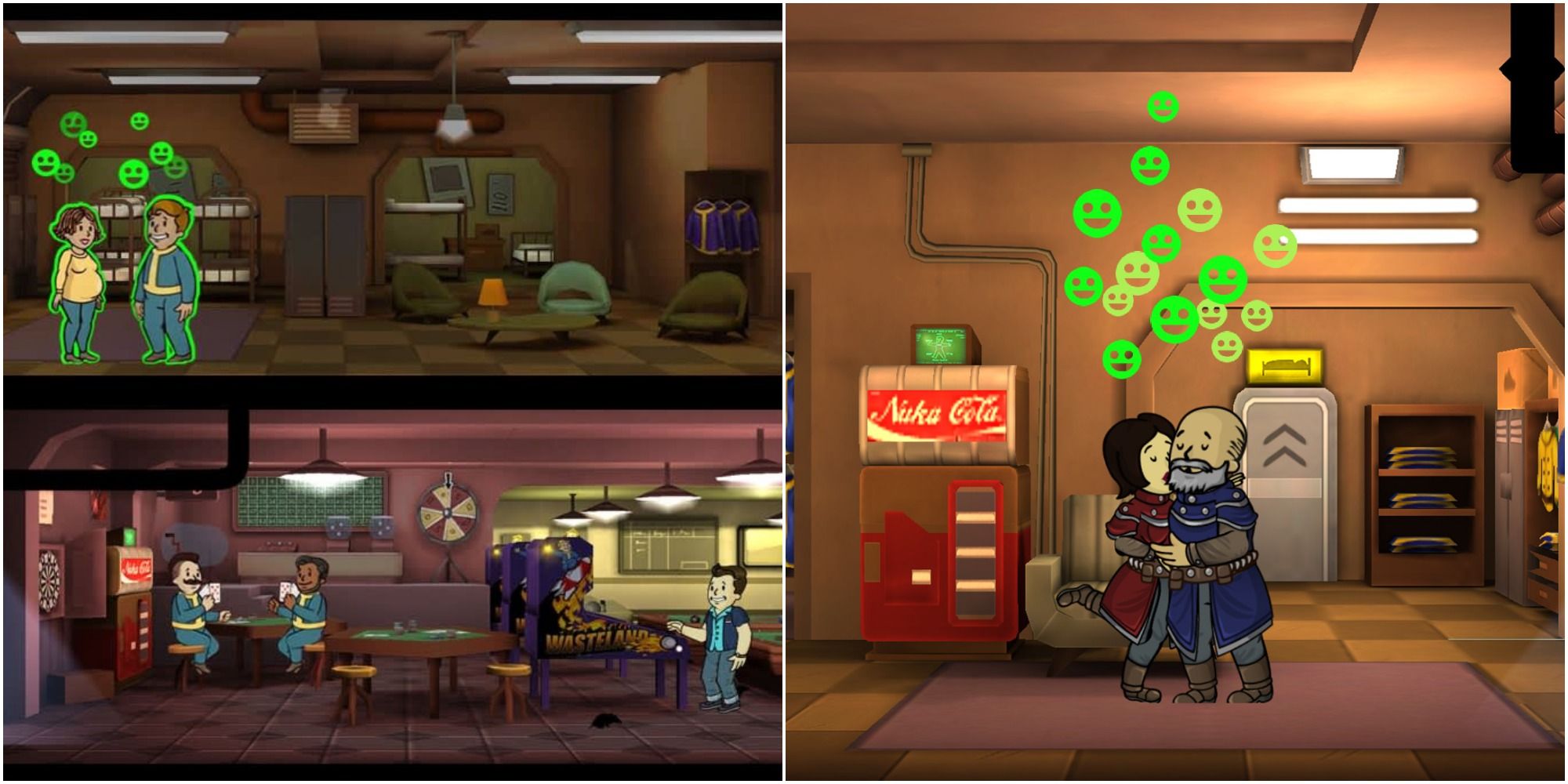 Split image of civilians in two levels of a shelter and two civilians kissing by nuka cola machine