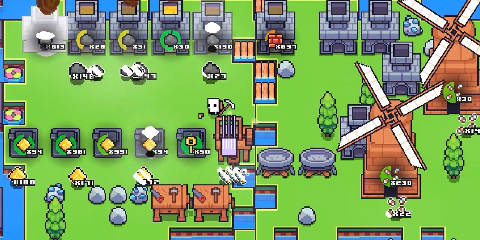 Dozens of machines operate on a grassy pixelated field to produce materials