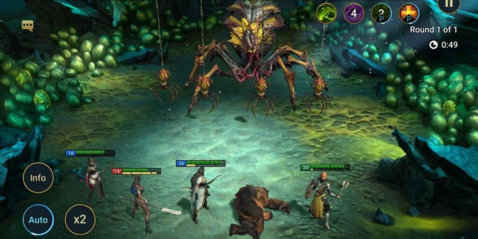 A team of heroes faces off against a spider monster in a cave.