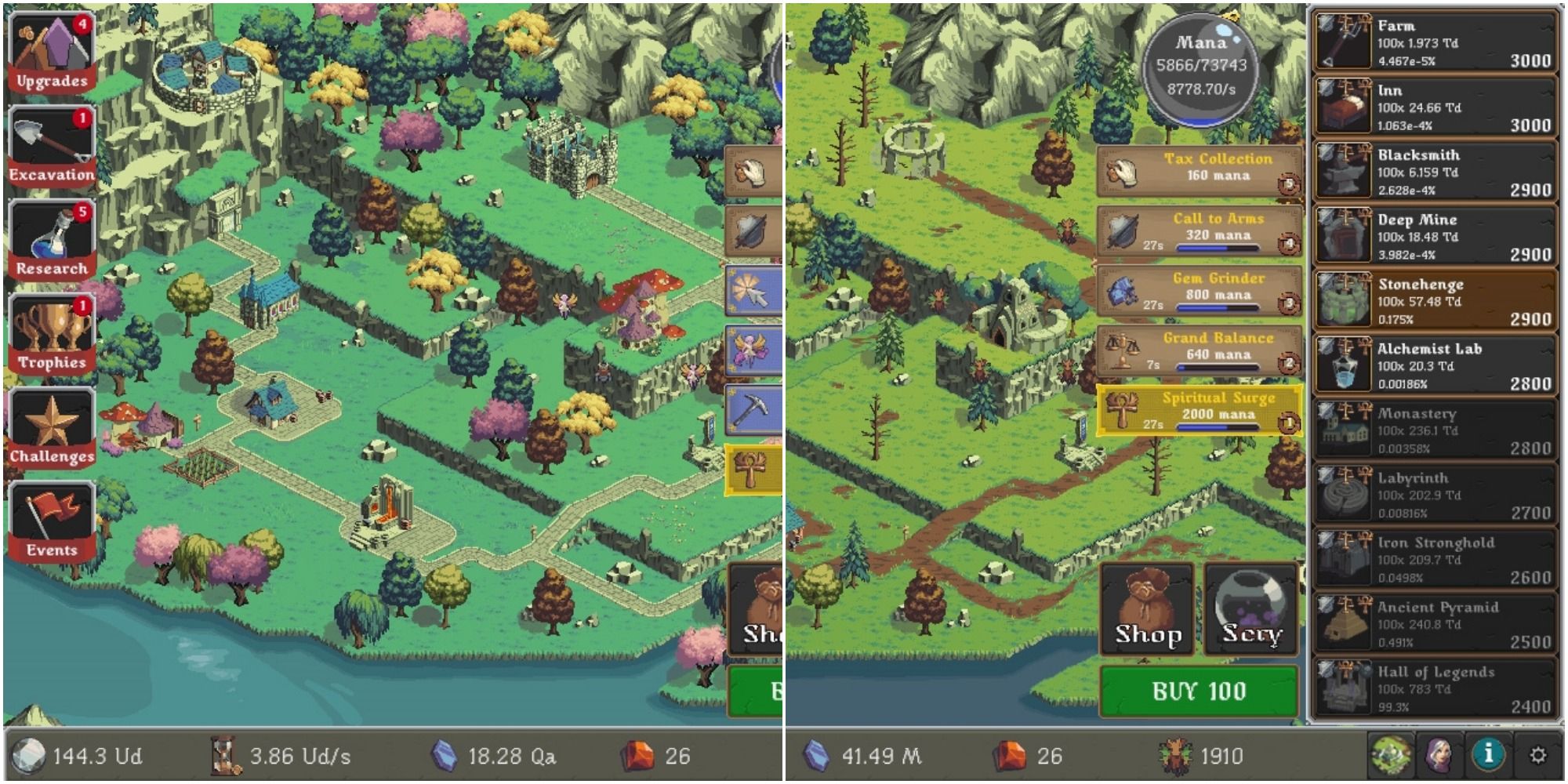 A split image of Realm Grinder menu in lush green forest and menu of buildings over green forest