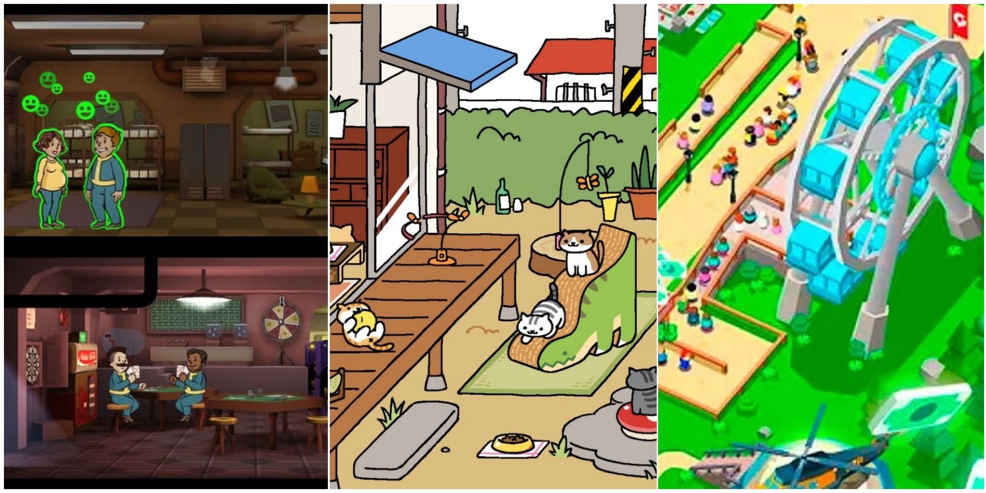 A split image of civilians from Fallout Shelter talking, cats playing in a yard in Neko Atsume, and a top-down view of a bright theme park with ferris wheel