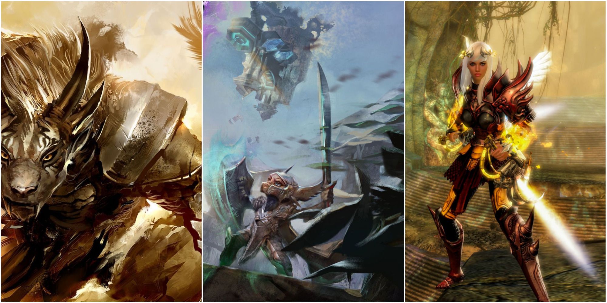 A Guild Wars 2 Feature Image showing some Charr Warrior Concept art, an Asuran Warrior challenging an Elementalist and A human Warrior in Orr