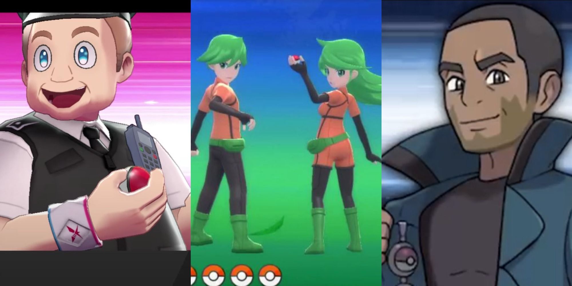 A Police Officer with a Pokeball, two ace trainers standing side by side in battle, a veteran showing his Pokeball in his jacket