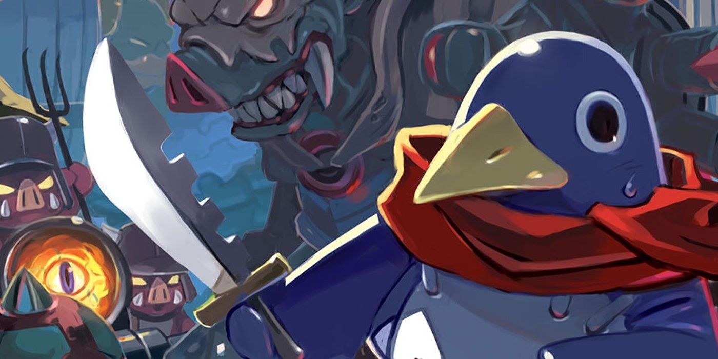Prinny Holding A Sword On A Background Of Monsters