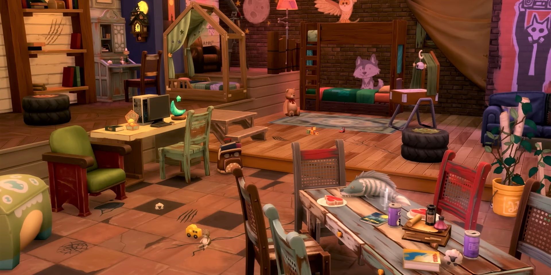 A sneak peak of a cluttered Werewolves hangout, complete with beds, a computer, and tables full of food and books