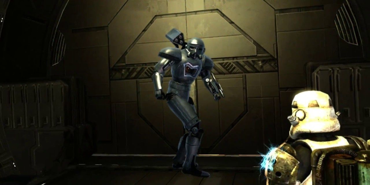 A Purge trooper standing tall in a dark room near a door in The Force Unleashed