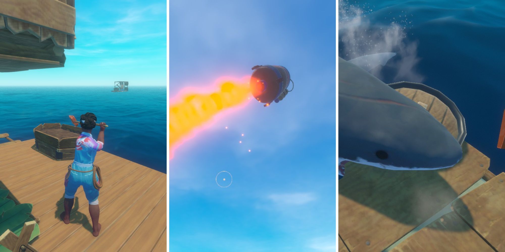 player paddles in the middle of raft, tangaroa rocket launches, shark bites the edge of raft