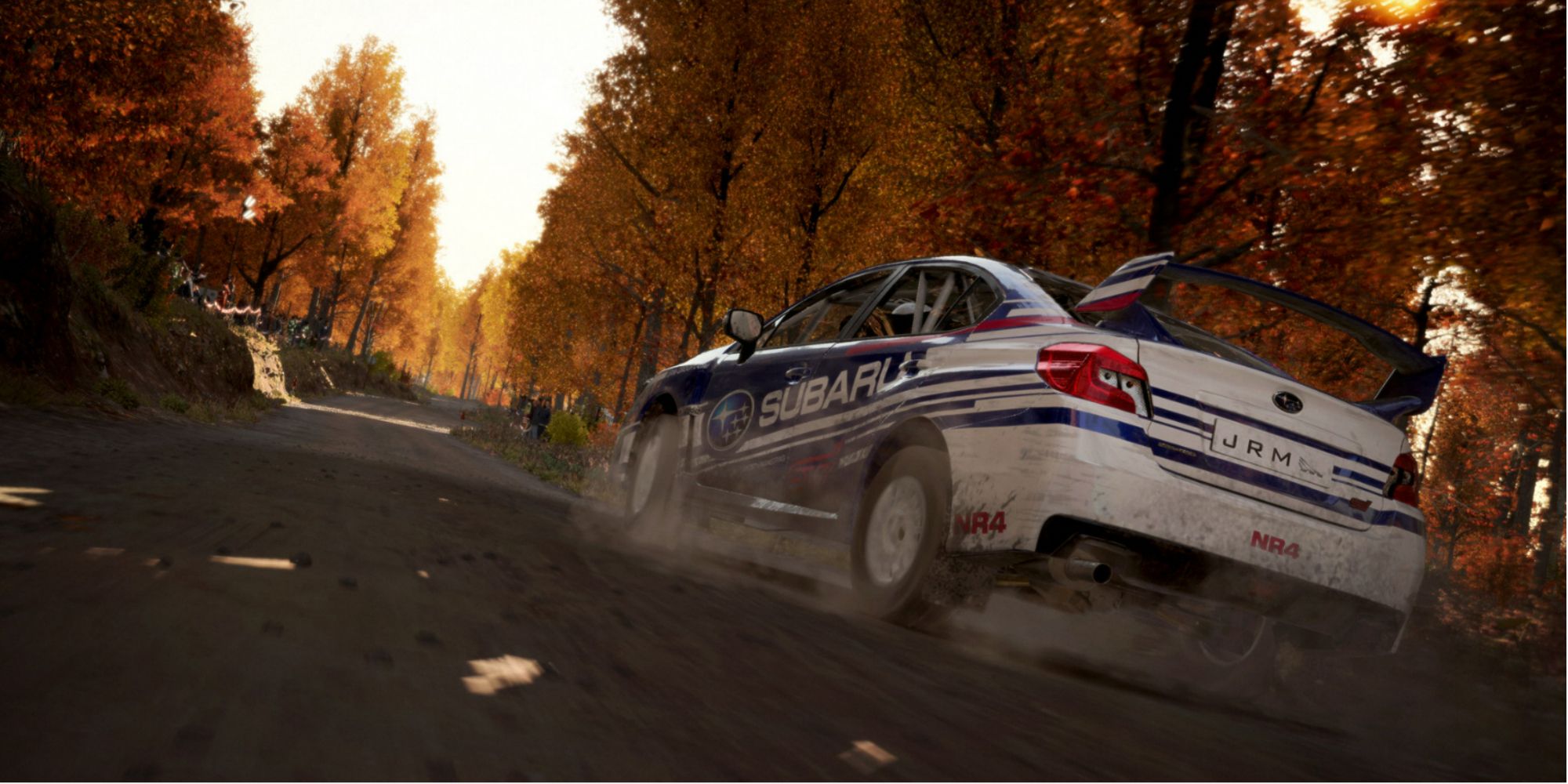 rally car racing through a forest in dirt 4