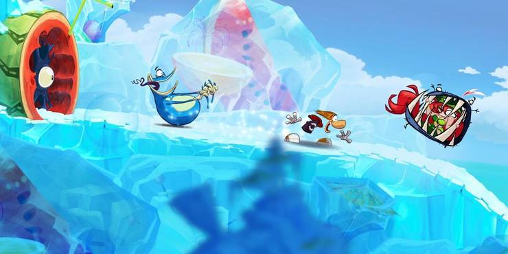 Rayman Origins screenshot of Rayman and Globox running on ice