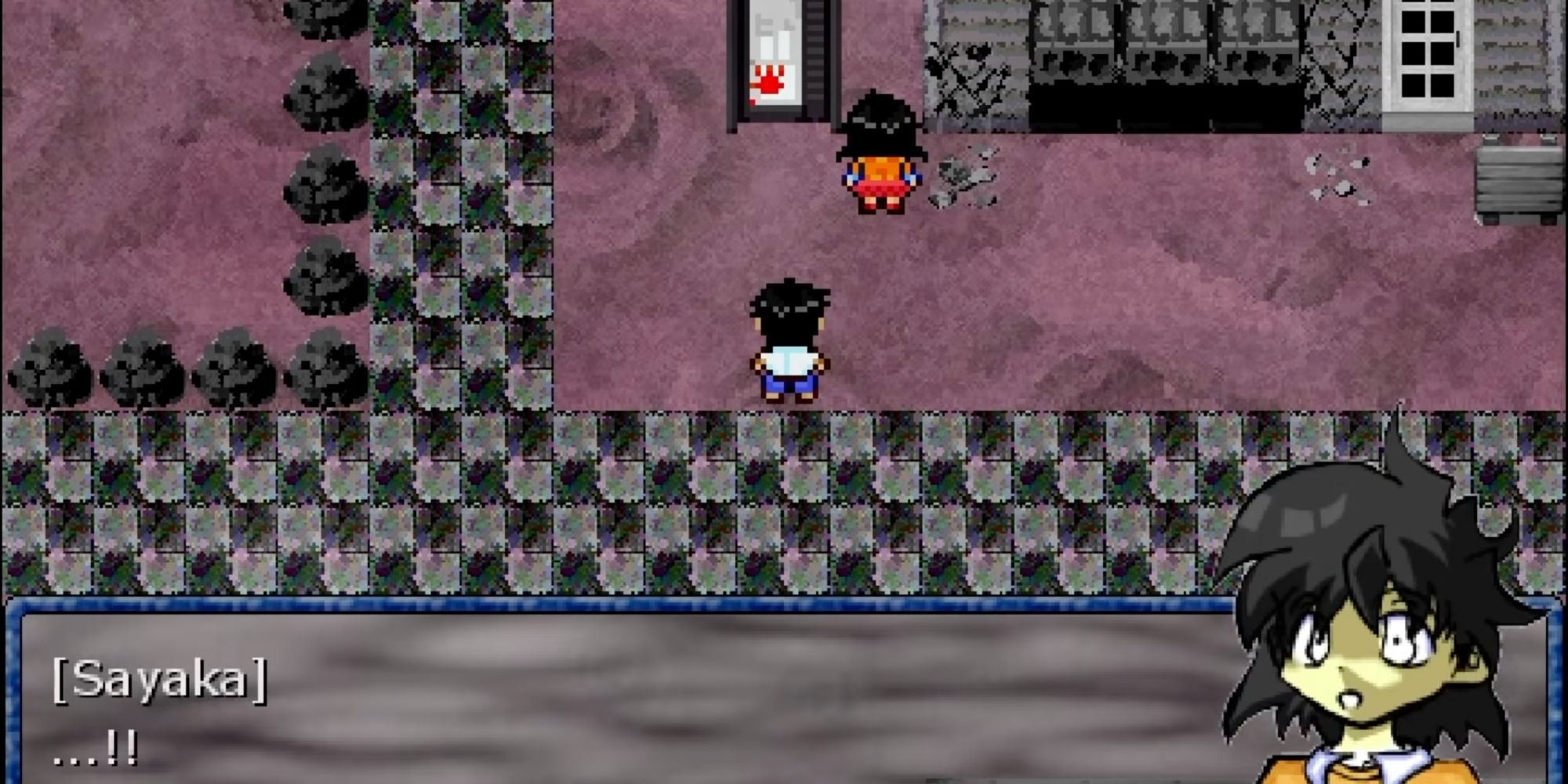 A screenshot of Re:Kinder, showing a girl named Sayaka reacting in shock to a bloody handprint on a vending machine