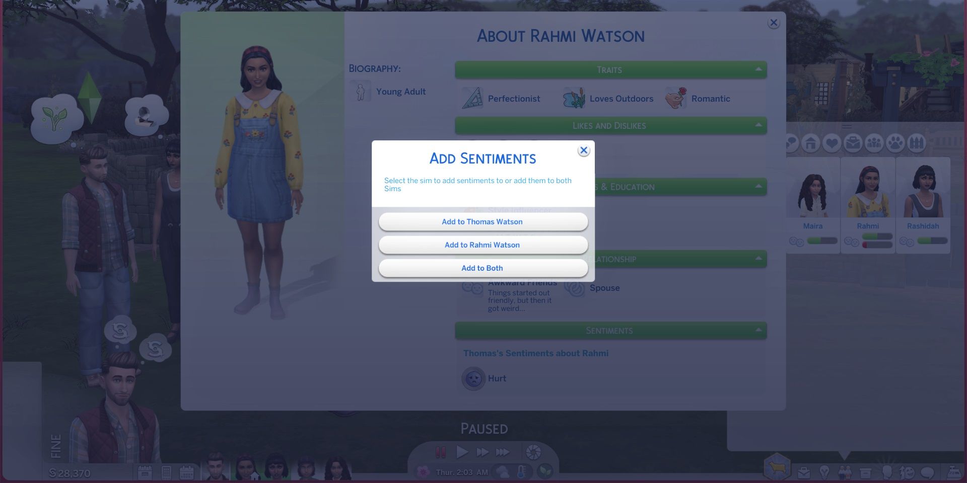 In the foreground, Rahmi Watson's Sim Profile is open, with the UI Cheats menu to "Add Sentiments" for both Rahmi and Thomas. In the background. the Watson family from Henford-on-Bagley hangs out outside.