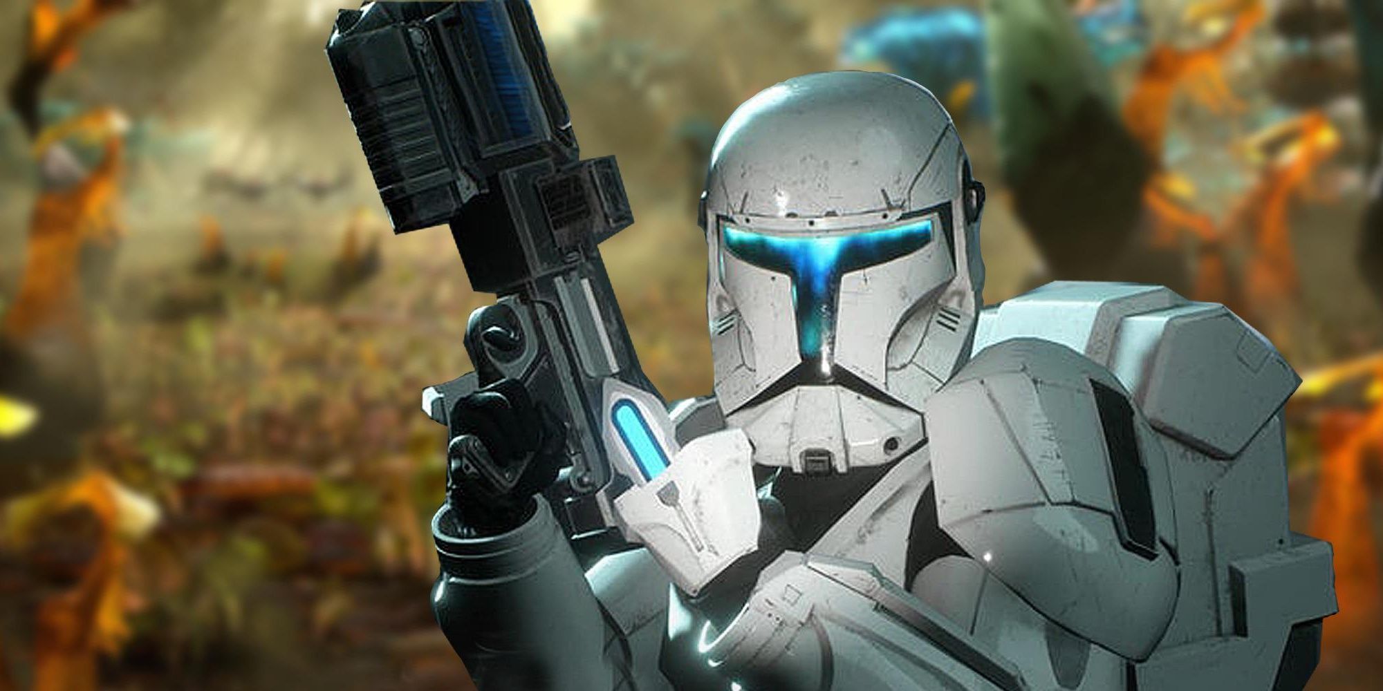 Clone Commando holding a blaster up in a field in Star Wars: Republic Commando 