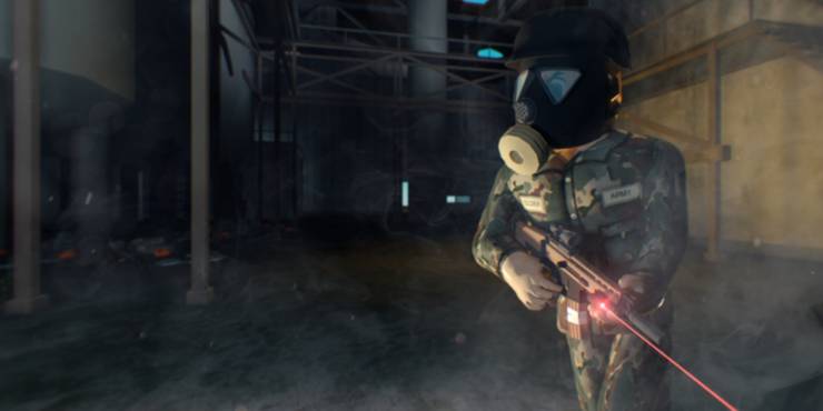 A roblox figure in camo and a gas mask holding a gun with a laser attached to it