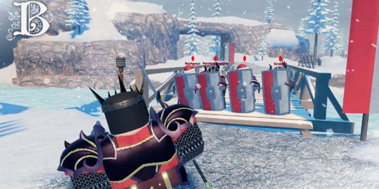 A lone knight faces four shield bearing opponents completely blocking off a bridge