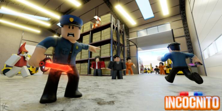 In a warehouse, one upset cop holds a sword and points towards a group of people as another cop starts running towards them