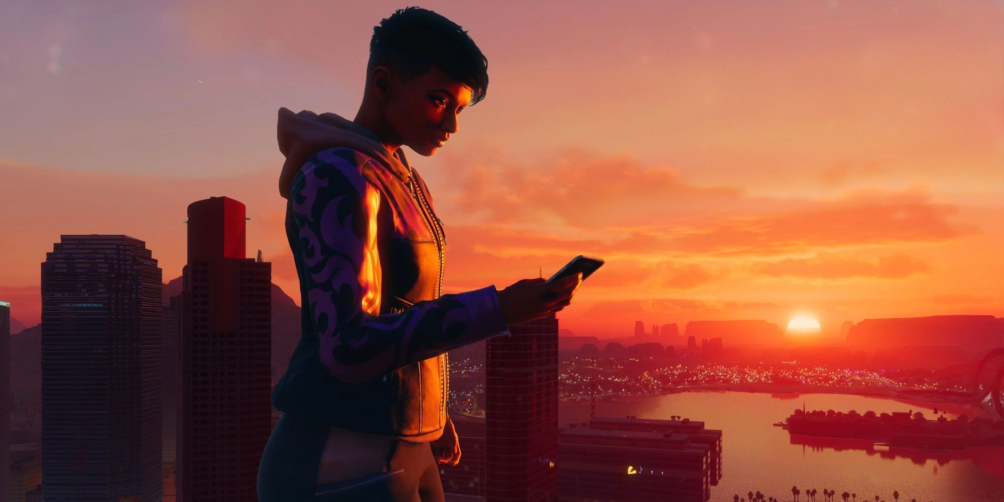 The boss from the Saints Row reboot, looking at a phone in the sunset
